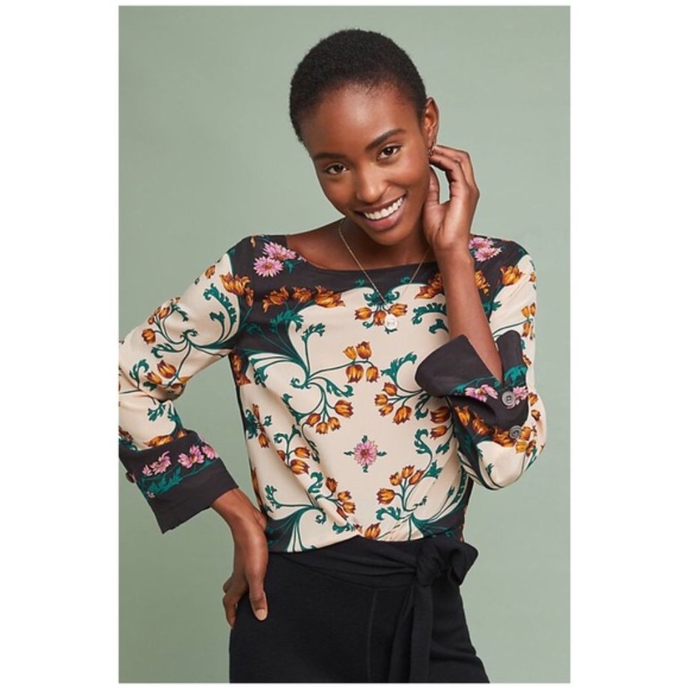 New Anthropologie Maeve Florence Floral Silk Top - Picture 5 of 8